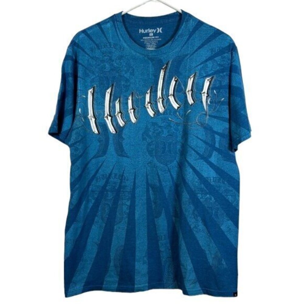 Hurley Teal Blue Logo Y2K Graphic Premium Fit Shirt Size Large EUC #2255